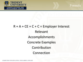 Formula
R + A + CE + C + C = Employer Interest
Relevant
Accomplishments
Concrete Examples
Contribution
Connection
 
