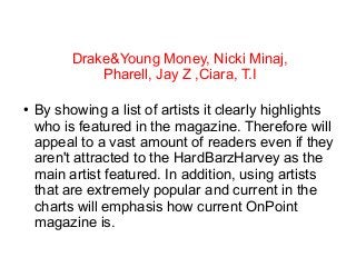 Drake&Young Money, Nicki Minaj,
Pharell, Jay Z ,Ciara, T.I
●

By showing a list of artists it clearly highlights
who is fe...