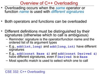CSE 332: C++ Overloading
Overview of C++ Overloading
• Overloading occurs when the same operator or
function name is used with different signatures
• Both operators and functions can be overloaded
• Different definitions must be distinguished by their
signatures (otherwise which to call is ambiguous)
– Reminder: signature is the operator/function name and the
ordered list of its argument types
– E.g., add(int,long) and add(long,int) have different
signatures
– E.g., add(const Base &) and add(const Derived &)
have different signatures, even if Derived is-a Base
– Most specific match is used to select which one to call
 