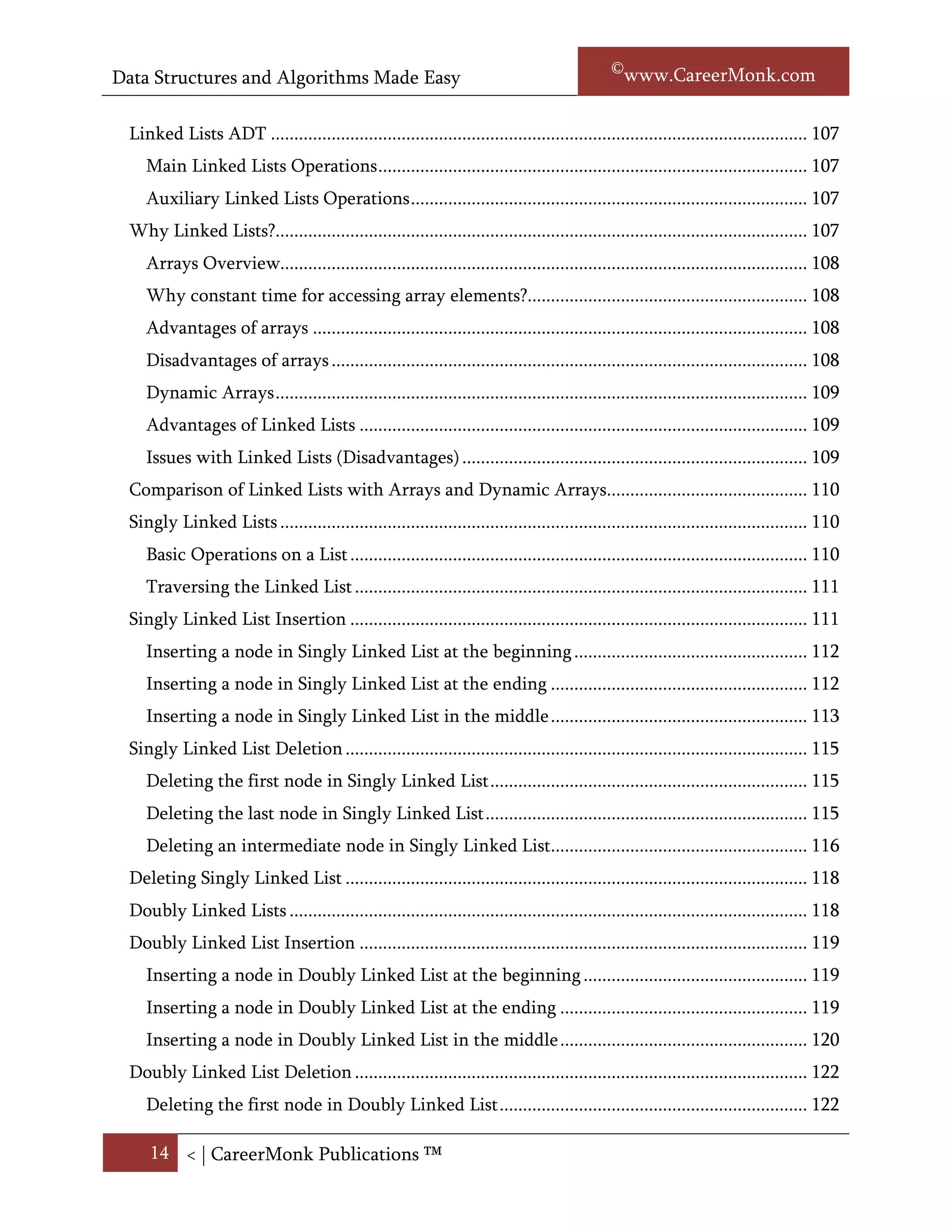 Data Structures and Algorithms Made Easy                                                          Narasimha Karumanchi

  Example algorithms on backtracking .................................................................................... 108
  Problems on backtracking ..................................................................................................... 108
Chapter 4            Linked Lists.................................................................................................. 113
  What is a Linked List?............................................................................................................ 113
  Linked Lists ADT ................................................................................................................... 113
     Main Linked Lists Operations ............................................................................................ 113
     Auxiliary Linked Lists Operations ..................................................................................... 113
  Why Linked Lists?.................................................................................................................. 113
     Arrays Overview................................................................................................................. 114
     Why constant time for accessing array elements?............................................................ 114
     Advantages of arrays .......................................................................................................... 114
     Disadvantages of arrays ...................................................................................................... 114
     Dynamic Arrays .................................................................................................................. 115
     Advantages of Linked Lists ................................................................................................ 115
     Issues with Linked Lists (Disadvantages) .......................................................................... 115
  Comparison of Linked Lists with Arrays and Dynamic Arrays........................................... 116
  Singly Linked Lists ................................................................................................................. 116
     Basic Operations on a List .................................................................................................. 117
     Traversing the Linked List ................................................................................................. 117
  Singly Linked List Insertion .................................................................................................. 118
     Inserting a node in Singly Linked List at the beginning .................................................. 118
     Inserting a node in Singly Linked List at the ending ....................................................... 118
     Inserting a node in Singly Linked List in the middle ....................................................... 119
  Singly Linked List Deletion ................................................................................................... 121
     Deleting the first node in Singly Linked List .................................................................... 121
     Deleting the last node in Singly Linked List ..................................................................... 122
     Deleting an intermediate node in Singly Linked List....................................................... 122
  Deleting Singly Linked List ................................................................................................... 124
  Doubly Linked Lists ............................................................................................................... 125
  Doubly Linked List Insertion ................................................................................................ 125
     Inserting a node in Doubly Linked List at the beginning ................................................ 126

      14 < | ©www.CareerMonk.com
 