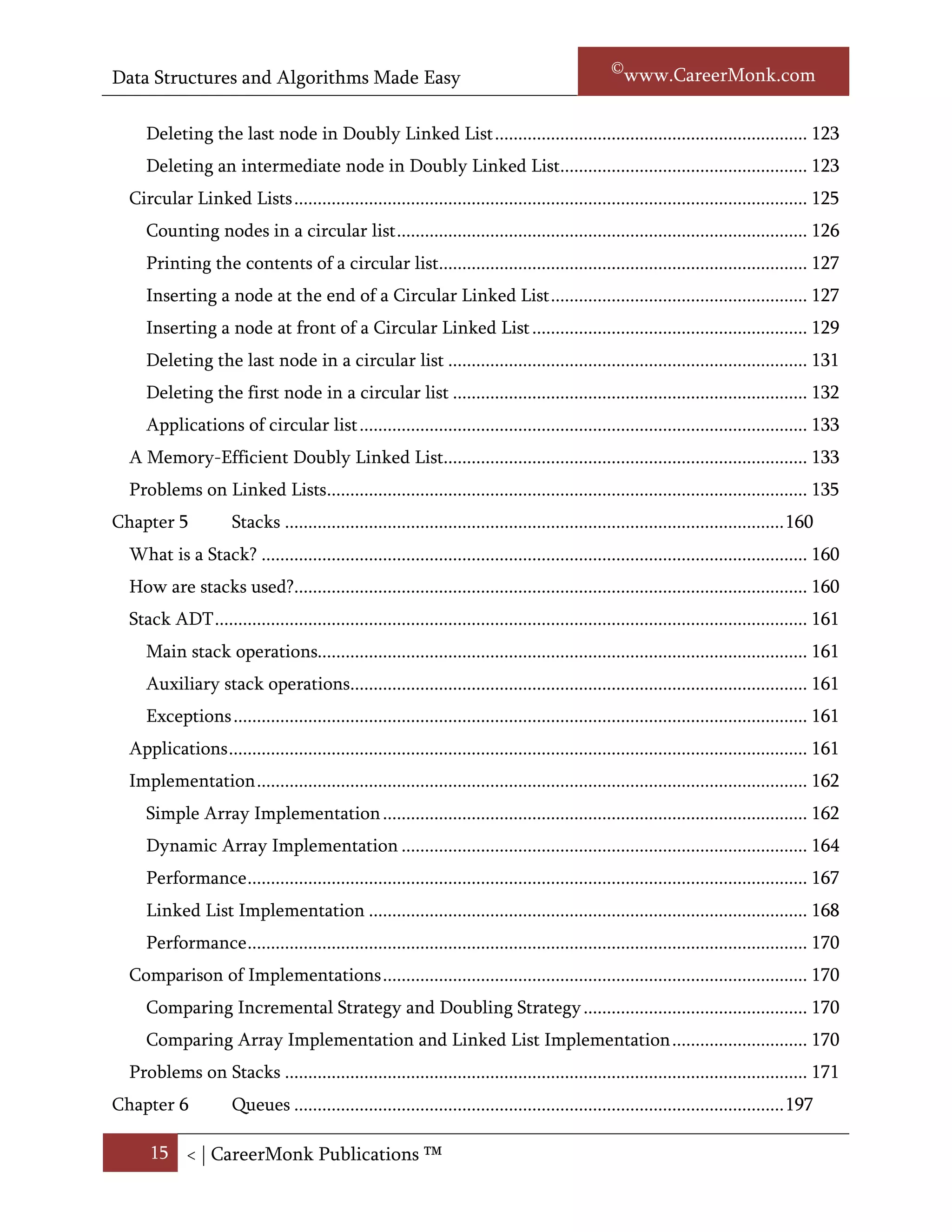 Data Structures and Algorithms Made Easy                                                             Narasimha Karumanchi

     Inserting a node in Doubly Linked List at the ending ..................................................... 126
     Inserting a node in Doubly Linked List in the middle ..................................................... 127
  Doubly Linked List Deletion ................................................................................................. 129
     Deleting the first node in Doubly Linked List .................................................................. 129
     Deleting the last node in Doubly Linked List ................................................................... 130
     Deleting an intermediate node in Doubly Linked List..................................................... 130
  Circular Linked Lists .............................................................................................................. 132
     Counting nodes in a circular list ........................................................................................ 133
     Printing the contents of a circular list............................................................................... 134
     Inserting a node at the end of a Circular Linked List ....................................................... 134
     Inserting a node at front of a Circular Linked List ........................................................... 136
     Deleting the last node in a circular list ............................................................................. 138
     Deleting the first node in a circular list ............................................................................ 139
     Applications of circular list ................................................................................................ 141
  A Memory-Efficient Doubly Linked List.............................................................................. 141
  Problems on Linked Lists....................................................................................................... 143
Chapter 5             Stacks ........................................................................................................... 168
  What is a stack? ...................................................................................................................... 168
  How are stacks used?.............................................................................................................. 168
  Stack ADT ............................................................................................................................... 169
     Main stack operations......................................................................................................... 169
     Auxiliary stack operations.................................................................................................. 169
     Exceptions ........................................................................................................................... 169
  Applications ............................................................................................................................ 169
  Implementation ...................................................................................................................... 170
     Simple Array Implementation ........................................................................................... 171
     Dynamic Array Implementation ....................................................................................... 173
     Performance ........................................................................................................................ 177
     Linked List Implementation .............................................................................................. 177
     Performance ........................................................................................................................ 179
  Comparison of Implementations ........................................................................................... 179

      15 < | ©www.CareerMonk.com
 