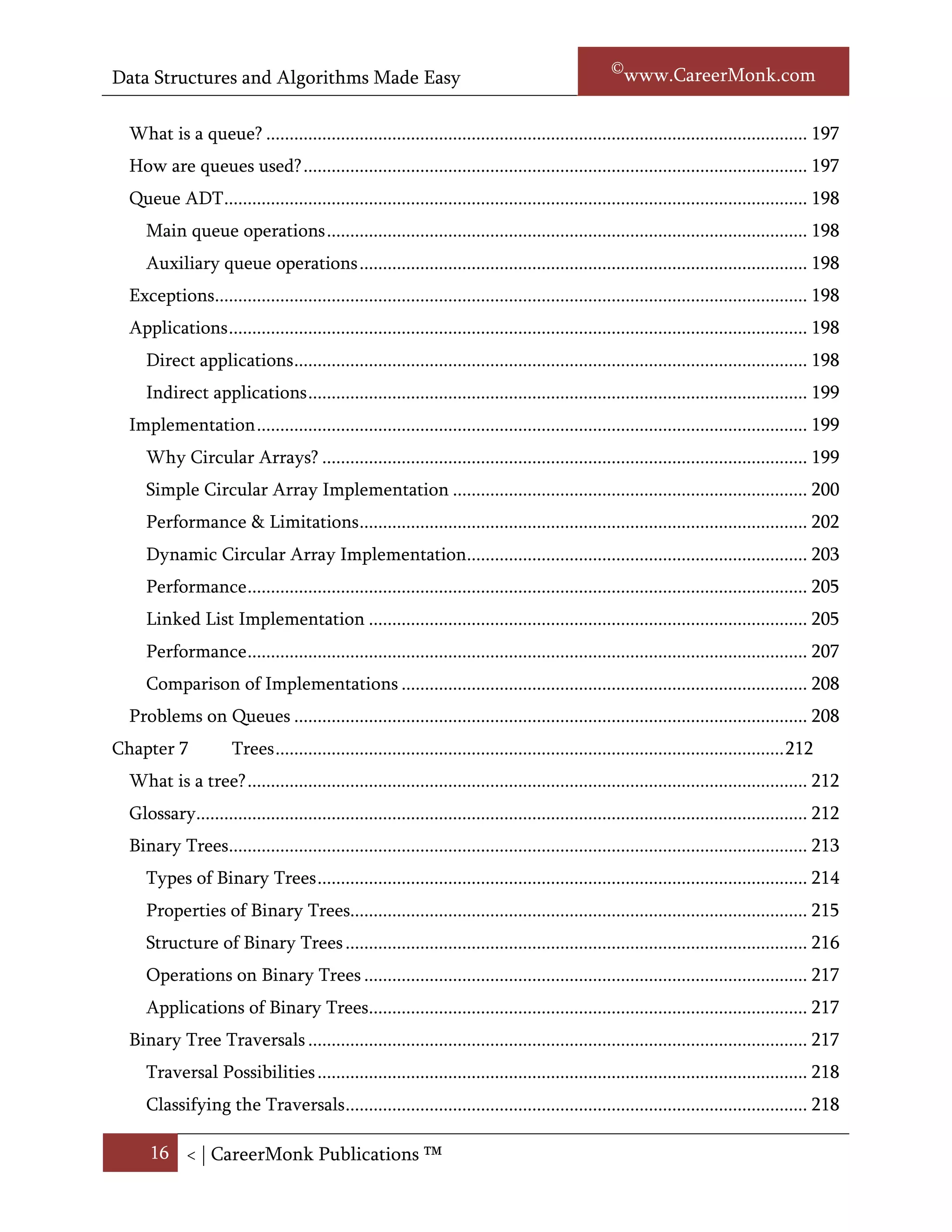 Data Structures and Algorithms Made Easy                                                              Narasimha Karumanchi

     Comparing Incremental Strategy and Doubling Strategy ................................................ 179
     Comparing Array Implementation and Linked List Implementation ............................. 180
  Problems on Stacks ................................................................................................................ 180
Chapter 6             Queues ......................................................................................................... 205
  What is a queue? .................................................................................................................... 205
  How are queues used? ............................................................................................................ 205
  Queue ADT ............................................................................................................................. 206
     Main queue operations ....................................................................................................... 206
     Auxiliary queue operations ................................................................................................ 206
  Exceptions............................................................................................................................... 206
  Applications ............................................................................................................................ 206
     Direct applications .............................................................................................................. 206
     Indirect applications ........................................................................................................... 207
  Implementation ...................................................................................................................... 207
     Why Circular Arrays? ........................................................................................................ 207
     Simple Circular Array Implementation ............................................................................ 208
     Performance & Limitations ................................................................................................ 210
     Dynamic Circular Array Implementation......................................................................... 211
     Performance ........................................................................................................................ 213
     Linked List Implementation .............................................................................................. 214
     Performance ........................................................................................................................ 216
     Comparison of Implementations ....................................................................................... 216
  Problems on Queues .............................................................................................................. 216
Chapter 7             Trees ............................................................................................................. 221
  What is a tree? ........................................................................................................................ 221
  Glossary................................................................................................................................... 221
  Binary Trees............................................................................................................................ 223
     Types of Binary Trees ......................................................................................................... 223
     Properties of Binary Trees.................................................................................................. 224
     Structure of Binary Trees ................................................................................................... 225
     Operations on Binary Trees ............................................................................................... 226

      16 < | ©www.CareerMonk.com
 
