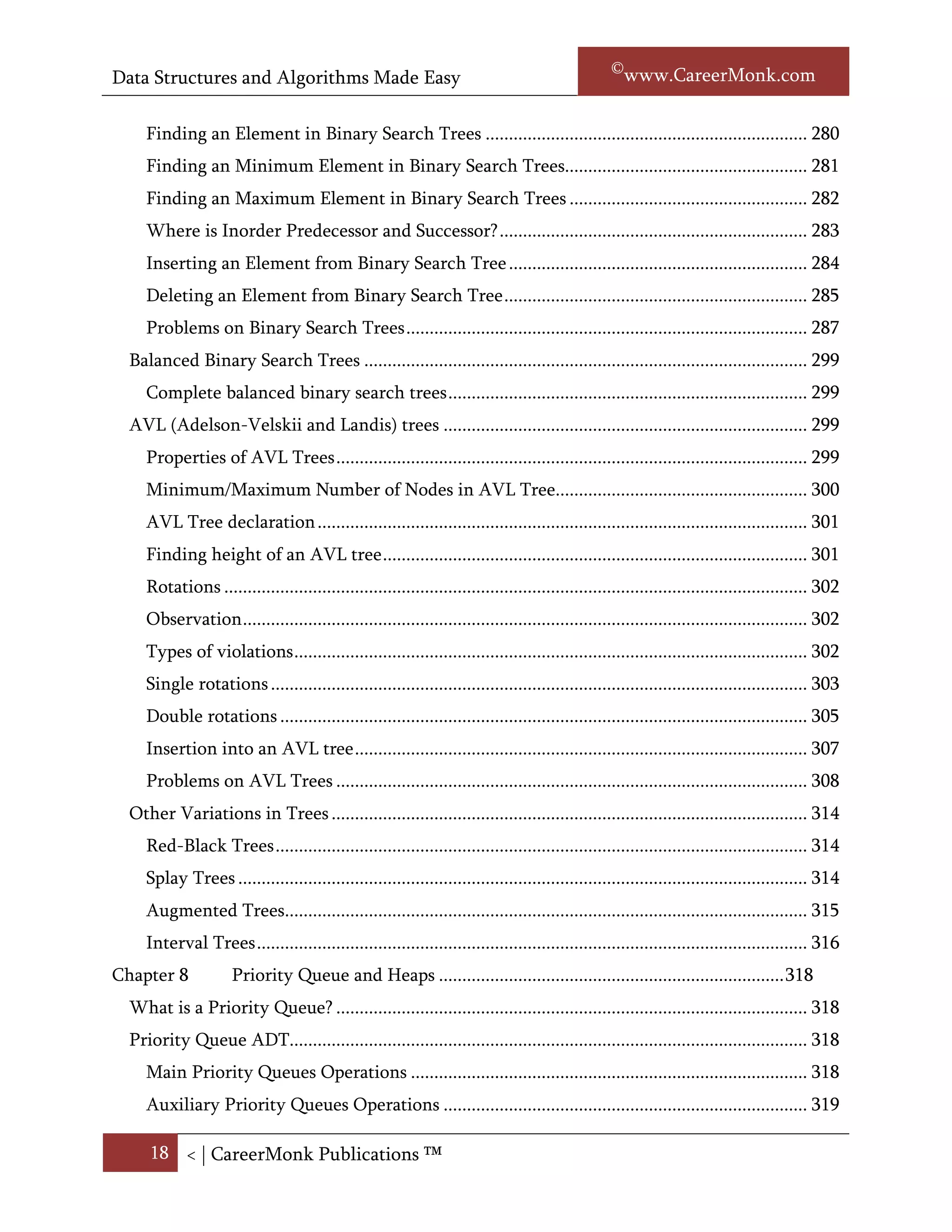 Data Structures and Algorithms Made Easy                                                             Narasimha Karumanchi

     Binary Search Tree Property.............................................................................................. 283
     Binary Search Tree Declaration ......................................................................................... 284
     Operations on Binary Search Trees ................................................................................... 284
     Important Notes on Binary Search Trees .......................................................................... 285
     Finding an Element in Binary Search Trees ..................................................................... 285
     Finding an Minimum Element in Binary Search Trees.................................................... 286
     Finding an Maximum Element in Binary Search Trees ................................................... 287
     Where is Predecessor and Successor?................................................................................ 288
     Inserting an Element from Binary Search Tree ................................................................ 289
     Deleting an Element from Binary Search Tree ................................................................. 290
     Problems on Binary Search Trees ...................................................................................... 293
  Balanced Binary Search Trees ............................................................................................... 304
     Complete balanced binary search trees ............................................................................. 304
  AVL (Adelson-Velskii and Landis) trees .............................................................................. 304
     Properties of AVL Trees ..................................................................................................... 304
     Minimum/Maximum Number of Nodes in AVL Tree...................................................... 305
     AVL Tree declaration ......................................................................................................... 306
     Finding height of an AVL tree ........................................................................................... 306
     Rotations ............................................................................................................................. 307
     Observation ......................................................................................................................... 307
     Types of violations .............................................................................................................. 307
     Single rotations ................................................................................................................... 308
     Double rotations ................................................................................................................. 310
     Insertion into an AVL tree ................................................................................................. 312
     Problems on AVL Trees ..................................................................................................... 313
  Other Variations in Trees ...................................................................................................... 318
     Red-Black Trees .................................................................................................................. 318
     Splay Trees .......................................................................................................................... 319
     Augmented Trees................................................................................................................ 319
     Interval Trees ...................................................................................................................... 321
Chapter 8             Priority Queue and Heaps .......................................................................... 323

     18 < | ©www.CareerMonk.com
 