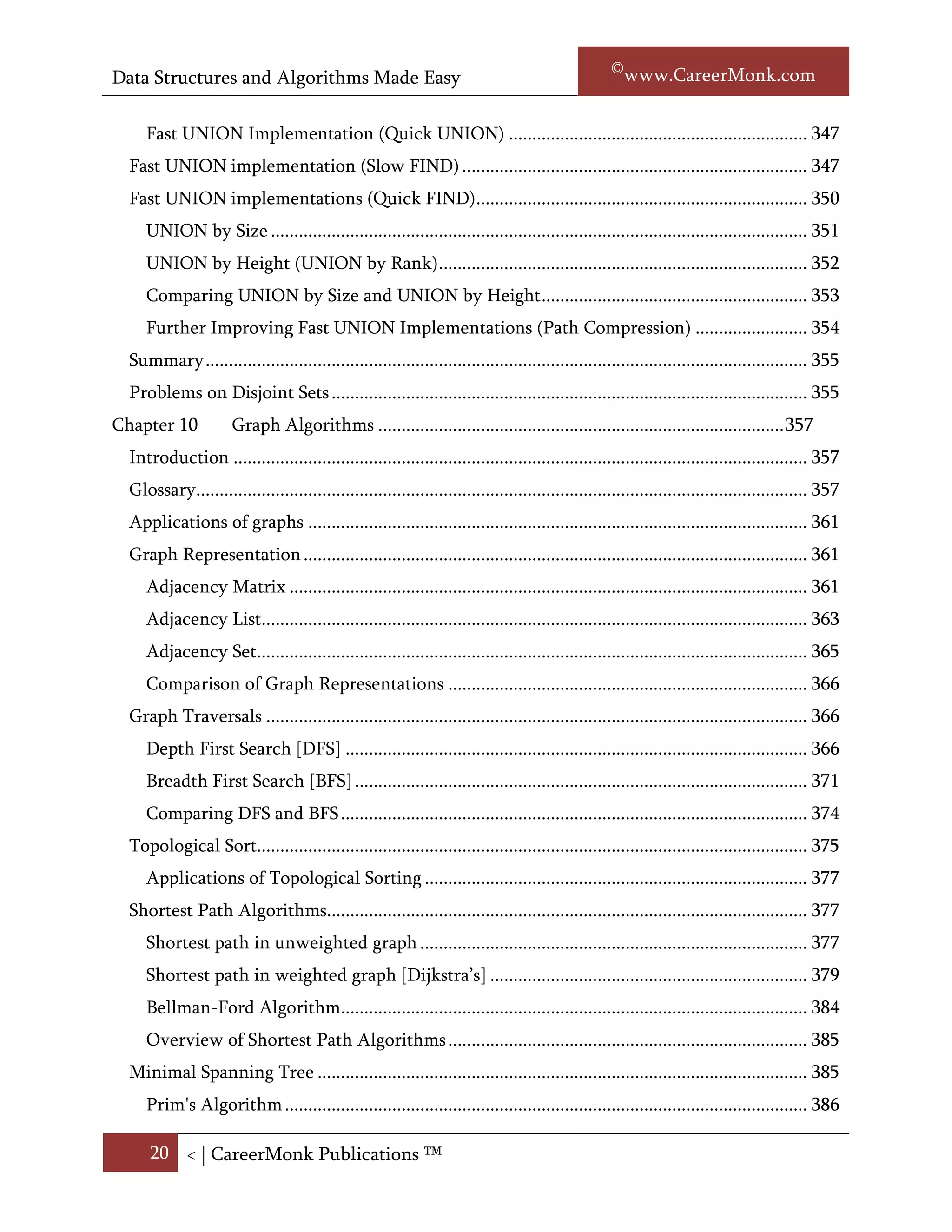 Data Structures and Algorithms Made Easy                                                             Narasimha Karumanchi

  Disjoint Sets ADT ................................................................................................................... 349
  Applications ............................................................................................................................ 349
  Tradeoffs in implementing Disjoint Sets ADT operations ................................................... 349
     Faster FIND Implementation (Quick FIND)..................................................................... 350
     Faster UNION Implementation (Quick UNION) ............................................................. 350
  Faster UNION implementation (Slow FIND) ....................................................................... 351
  Faster UNION implementations (Faster FIND).................................................................... 354
     UNION by Size ................................................................................................................... 354
     UNION by Height (UNION by Rank) ............................................................................... 356
     Comparing UNION by Size and UNION by Height ......................................................... 357
     Further Improving Faster UNION Implementations (Path Compression) ..................... 357
  Summary ................................................................................................................................. 358
  Problems on Disjoint Sets ...................................................................................................... 358
Chapter 10            Graph Algorithms ....................................................................................... 360
  Introduction ........................................................................................................................... 360
  Glossary................................................................................................................................... 360
  Applications of graphs ........................................................................................................... 364
  Graph Representation ............................................................................................................ 364
     Adjacency Matrix ............................................................................................................... 364
     Adjacency List..................................................................................................................... 366
     Adjacency Set...................................................................................................................... 369
     Comparison of Graph Representations ............................................................................. 369
  Graph Traversals .................................................................................................................... 369
     Depth First Search [DFS] ................................................................................................... 369
     Breadth First Search [BFS] ................................................................................................. 375
     Comparing DFS and BFS .................................................................................................... 378
  Topological Sort...................................................................................................................... 379
     Applications of Topological Sorting .................................................................................. 380
  Shortest Path Algorithms....................................................................................................... 381
     Shortest path in unweighted graph ................................................................................... 381
     Shortest path in weighted graph [Dijkstra’s] .................................................................... 383

      20 < | ©www.CareerMonk.com
 