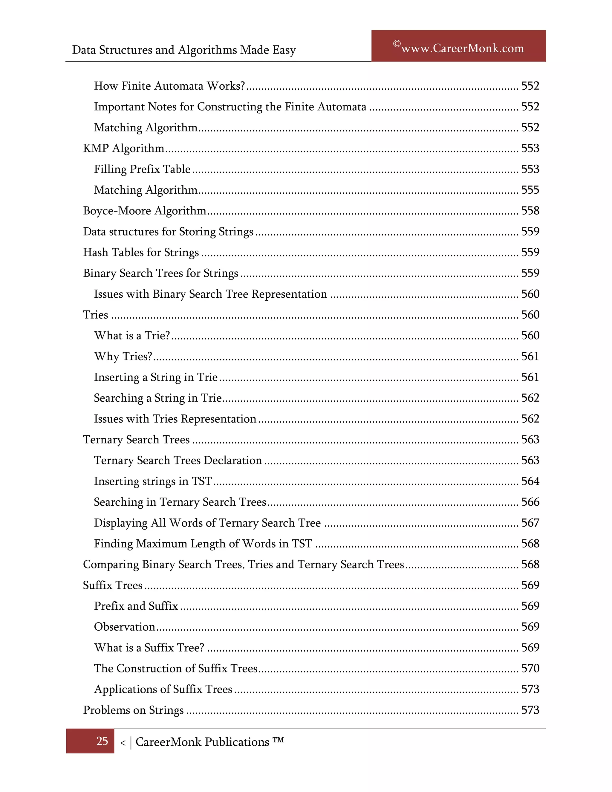 Data Structures and Algorithms Made Easy                                                               Narasimha Karumanchi

 String Matching with Finite Automata ................................................................................ 560
    Finite Automata .................................................................................................................. 560
    How a Finite Automaton Works?...................................................................................... 560
    Important Notes for Constructing the Finite Automata .................................................. 561
    Matching Algorithm........................................................................................................... 561
 KMP Algorithm ...................................................................................................................... 562
    Filling Prefix Table ............................................................................................................. 562
    Matching Algorithm........................................................................................................... 563
 Boyce-Moore Algorithm ........................................................................................................ 566
 Data structures for Storing Strings ........................................................................................ 567
 Hash Tables for Strings .......................................................................................................... 567
 Binary Search Trees for Strings ............................................................................................. 568
    Issues with Binary Search Tree Representation ............................................................... 568
 Tries ........................................................................................................................................ 568
    What is a Trie? .................................................................................................................... 568
    Why Tries? .......................................................................................................................... 569
    Inserting a String in Trie .................................................................................................... 569
    Searching a String in Trie................................................................................................... 570
    Issues with Tries Representation ....................................................................................... 571
 Ternary Search Trees ............................................................................................................. 571
    Ternary Search Trees Declaration ..................................................................................... 571
    Inserting strings in TST ...................................................................................................... 572
    Searching in Ternary Search Trees .................................................................................... 574
    Displaying All Words of Ternary Search Tree ................................................................. 575
    Finding Maximum Length of Words in TST .................................................................... 576
    Partial Searching in Ternary Search Trees ........................................................................ 576
 Comparing Binary Search Trees, Tries and Ternary Search Trees ...................................... 577
 Suffix Trees ............................................................................................................................. 577
    Prefix and Suffix ................................................................................................................. 577
    Observation ......................................................................................................................... 578
    What is a Suffix Tree? ........................................................................................................ 578

     25 < | ©www.CareerMonk.com
 
