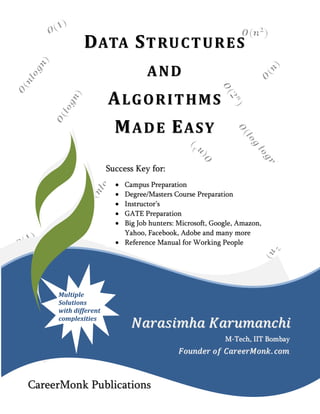 D A TA S T R U C T U R E S
                           AND
                 ALGORITHMS
                 MADE EASY
                 Success Key for:
                   • Campus Preparation
                   • Degree/Masters Course Preparation
                   • Instructor’s
                   • GATE Preparation
                   • Big Job hunters: Microsoft, Google, Amazon, Yahoo,
                     Facebook, Adobe, IBM Labs and many more
                   • Reference Manual for Working People




                                                     ROOM NUMBER

                                                         M-Tech, IIT Bombay
                                                                     .




CareerMonk Publications
 