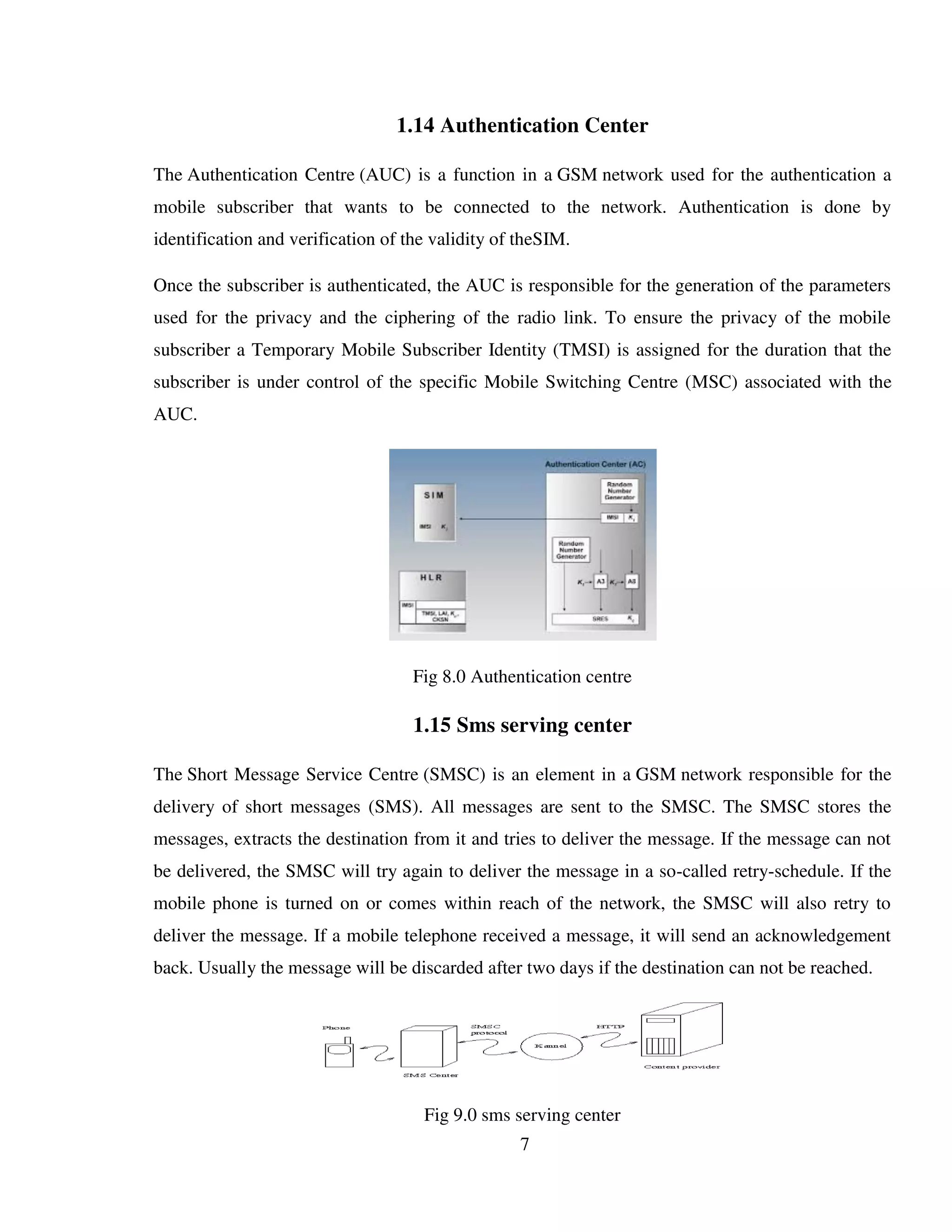 7
1.14 Authentication Center
The Authentication Centre (AUC) is a function in a GSM network used for the authentication a
mobile subscriber that wants to be connected to the network. Authentication is done by
identification and verification of the validity of theSIM.
Once the subscriber is authenticated, the AUC is responsible for the generation of the parameters
used for the privacy and the ciphering of the radio link. To ensure the privacy of the mobile
subscriber a Temporary Mobile Subscriber Identity (TMSI) is assigned for the duration that the
subscriber is under control of the specific Mobile Switching Centre (MSC) associated with the
AUC.
Fig 8.0 Authentication centre
1.15 Sms serving center
The Short Message Service Centre (SMSC) is an element in a GSM network responsible for the
delivery of short messages (SMS). All messages are sent to the SMSC. The SMSC stores the
messages, extracts the destination from it and tries to deliver the message. If the message can not
be delivered, the SMSC will try again to deliver the message in a so-called retry-schedule. If the
mobile phone is turned on or comes within reach of the network, the SMSC will also retry to
deliver the message. If a mobile telephone received a message, it will send an acknowledgement
back. Usually the message will be discarded after two days if the destination can not be reached.
Fig 9.0 sms serving center
 