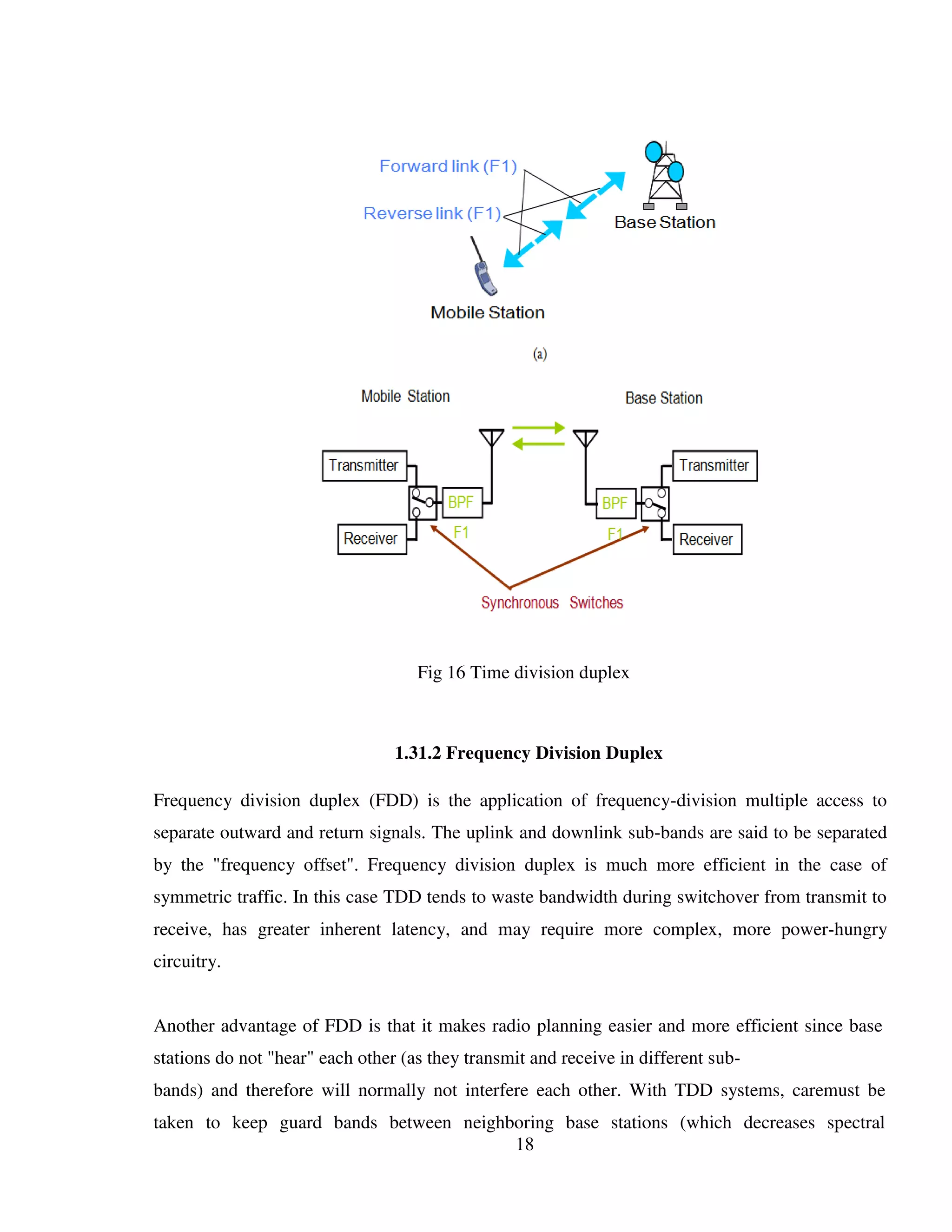 18
Fig 16 Time division duplex
1.31.2 Frequency Division Duplex
Frequency division duplex (FDD) is the application of frequency-division multiple access to
separate outward and return signals. The uplink and downlink sub-bands are said to be separated
by the "frequency offset". Frequency division duplex is much more efficient in the case of
symmetric traffic. In this case TDD tends to waste bandwidth during switchover from transmit to
receive, has greater inherent latency, and may require more complex, more power-hungry
circuitry.
Another advantage of FDD is that it makes radio planning easier and more efficient since base
stations do not "hear" each other (as they transmit and receive in different sub-
bands) and therefore will normally not interfere each other. With TDD systems, caremust be
taken to keep guard bands between neighboring base stations (which decreases spectral
 