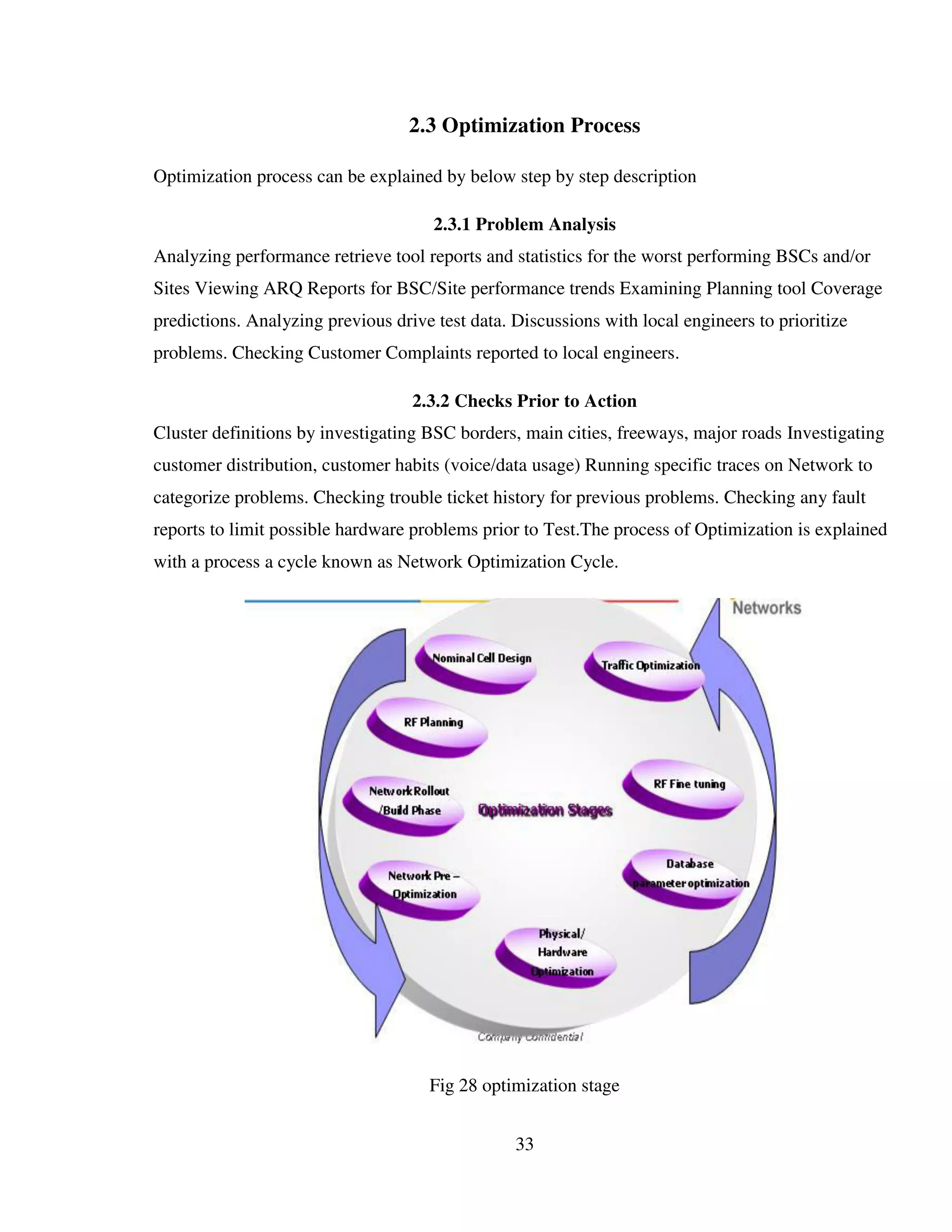 33
2.3 Optimization Process
Optimization process can be explained by below step by step description
2.3.1 Problem Analysis
Analyzing performance retrieve tool reports and statistics for the worst performing BSCs and/or
Sites Viewing ARQ Reports for BSC/Site performance trends Examining Planning tool Coverage
predictions. Analyzing previous drive test data. Discussions with local engineers to prioritize
problems. Checking Customer Complaints reported to local engineers.
2.3.2 Checks Prior to Action
Cluster definitions by investigating BSC borders, main cities, freeways, major roads Investigating
customer distribution, customer habits (voice/data usage) Running specific traces on Network to
categorize problems. Checking trouble ticket history for previous problems. Checking any fault
reports to limit possible hardware problems prior to Test.The process of Optimization is explained
with a process a cycle known as Network Optimization Cycle.
Fig 28 optimization stage
 