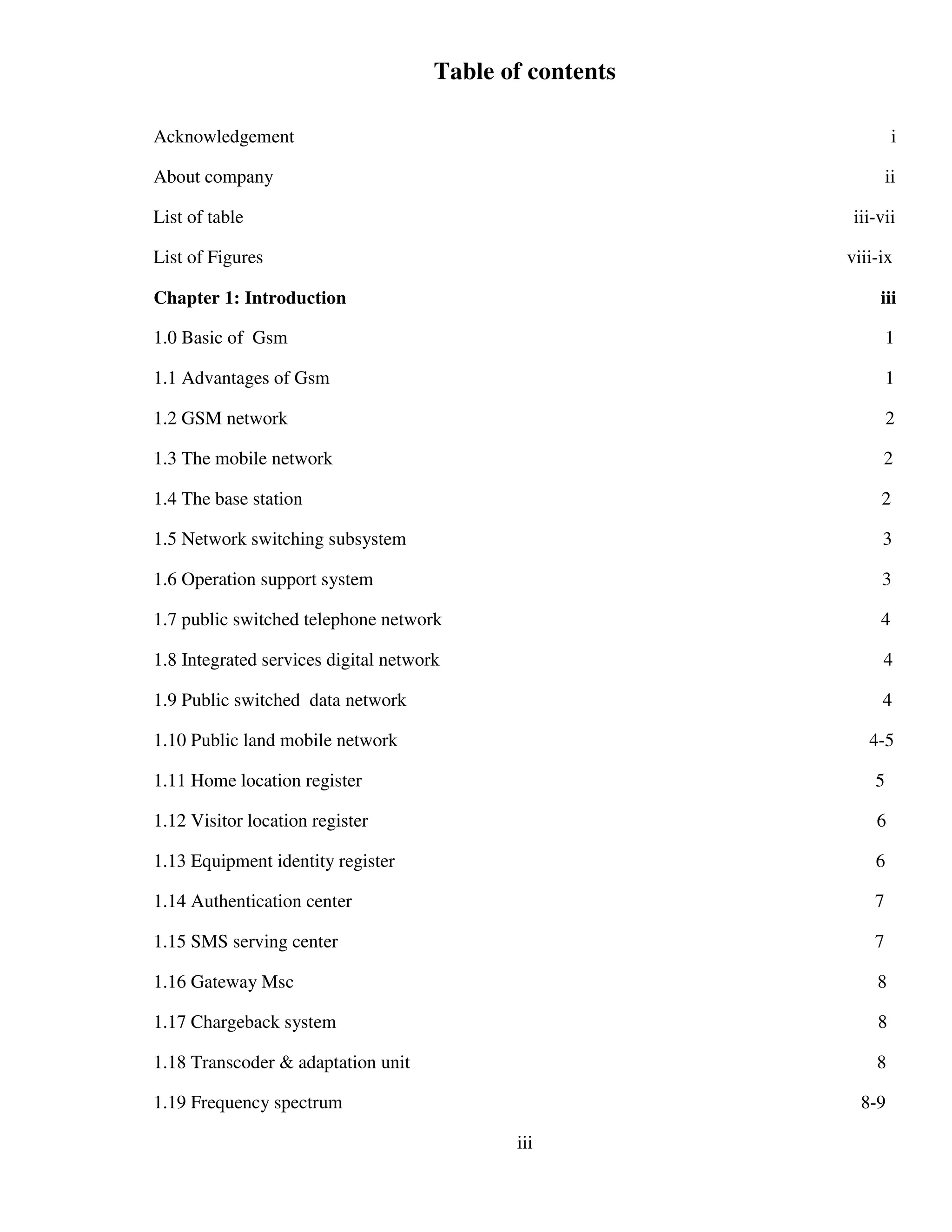 Table of contents
Acknowledgement i
About company ii
List of table iii-vii
List of Figures viii-ix
Chapter 1: Introduction iii
1.0 Basic of Gsm 1
1.1 Advantages of Gsm 1
1.2 GSM network 2
1.3 The mobile network 2
1.4 The base station 2
1.5 Network switching subsystem 3
1.6 Operation support system 3
1.7 public switched telephone network 4
1.8 Integrated services digital network 4
1.9 Public switched data network 4
1.10 Public land mobile network 4-5
1.11 Home location register 5
1.12 Visitor location register 6
1.13 Equipment identity register 6
1.14 Authentication center 7
1.15 SMS serving center 7
1.16 Gateway Msc 8
1.17 Chargeback system 8
1.18 Transcoder & adaptation unit 8
1.19 Frequency spectrum 8-9
iii
 
