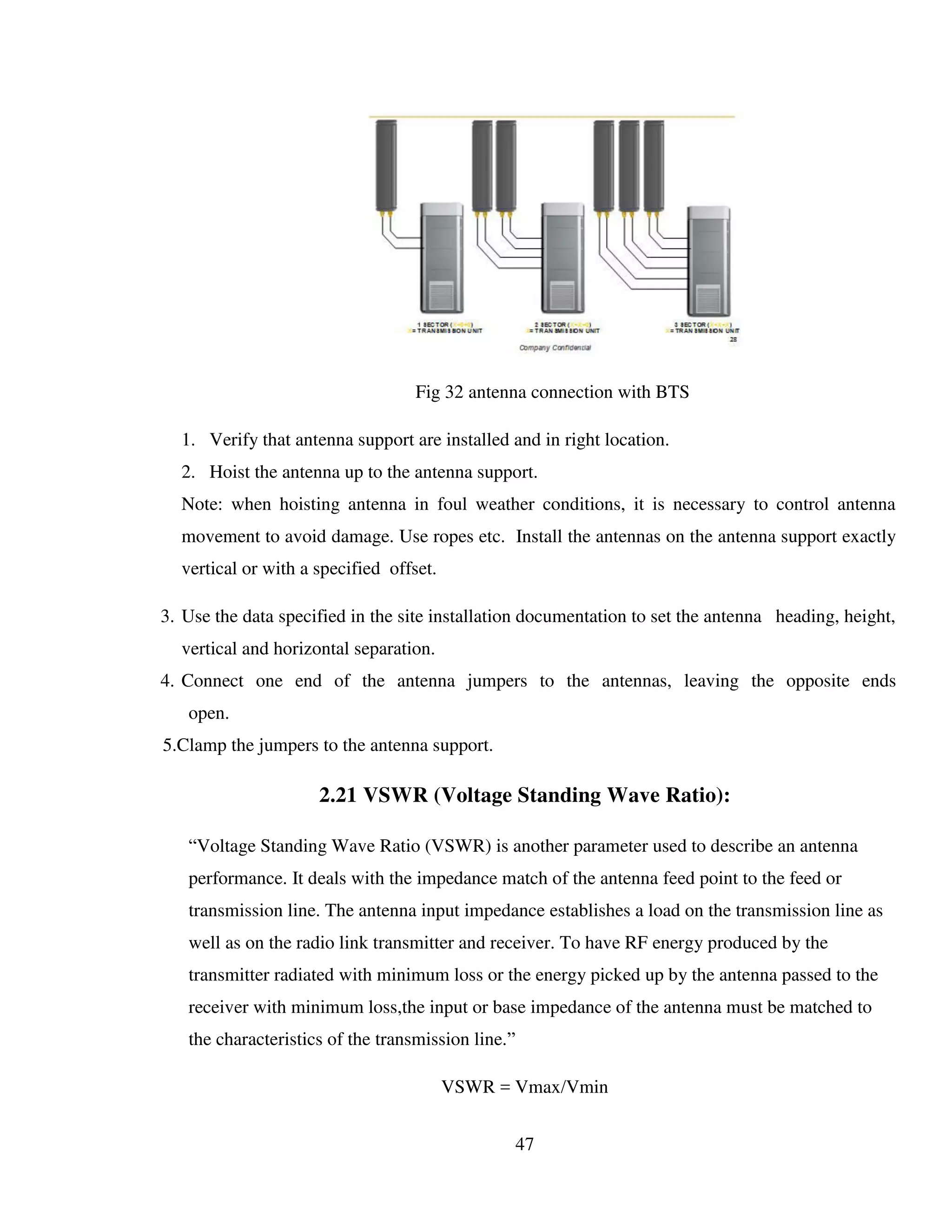 47
Fig 32 antenna connection with BTS
1. Verify that antenna support are installed and in right location.
2. Hoist the antenna up to the antenna support.
Note: when hoisting antenna in foul weather conditions, it is necessary to control antenna
movement to avoid damage. Use ropes etc. Install the antennas on the antenna support exactly
vertical or with a specified offset.
3. Use the data specified in the site installation documentation to set the antenna heading, height,
vertical and horizontal separation.
4. Connect one end of the antenna jumpers to the antennas, leaving the opposite ends
open.
5.Clamp the jumpers to the antenna support.
2.21 VSWR (Voltage Standing Wave Ratio):
“Voltage Standing Wave Ratio (VSWR) is another parameter used to describe an antenna
performance. It deals with the impedance match of the antenna feed point to the feed or
transmission line. The antenna input impedance establishes a load on the transmission line as
well as on the radio link transmitter and receiver. To have RF energy produced by the
transmitter radiated with minimum loss or the energy picked up by the antenna passed to the
receiver with minimum loss,the input or base impedance of the antenna must be matched to
the characteristics of the transmission line.”
VSWR = Vmax/Vmin
 