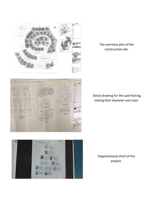 The overview plan of the
construction site.
Detail drawing for the pad footing,
stating their diameter and sizes.
Organizational chart of the
project.
 