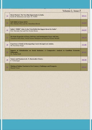 www.ijmra.us                                   May 2012
                                                                                                       Volume-2, Issue-5
     Rural Market: The Next Big Opportunity in India.
14                                                                                                                                           205-211
     Kartik M. Khatsuriya and Apurv B. PARM


     Soft Skills In Status QUO.
15                                                                                                                                           212-223
     Mrs. Rukshar Moin and Ms. Smrutihara Biswal


     India’s “DIRE” risks: Is the Twin Deficit the biggest threat for India?
16                                                                                                                                           224-239
     Prof. Davinder Suri and Prof. Swaha Shome


     On Some Properties of Fuzzy Soft Sets And Intuitionistic Fuzzy Soft Sets.
17                                                                                                                                           240-270
     Tanushree Mitra Basu, Nirmal Kumar Mahapatra and Shyamal Kumar Mondal


     Experience of India in Decongesting Courts through Lok Adalats.
18                                                                                                                                           271-286
     Ms Nareshlata Singla


     Impacts of Globalization on Social Inclusion: A Comparative Analysis to Gandhian Economic
19   Philosophy.                                                                                                                             287-297
     Dr. Pankaj Dodh


     Nature and Passions in K. N. Daruwalla’s Poetry.
20                                                                                                                                           298-308
     P. Velmurugan


     Making of Indian Tourism in 21st Century: Challenges and Prospects.
21                                                                                                                                           309-322
     Munish Tiwari




      A Monthly Double-Blind Peer Reviewed Refereed Open Access International e-Journal - Included in the International Serial Directories
 