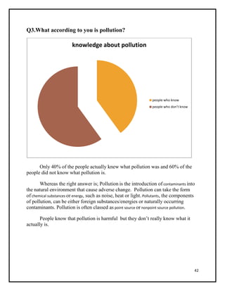 42
Q3.What according to you is pollution?
Only 40% of the people actually knew what pollution was and 60% of the
people di...