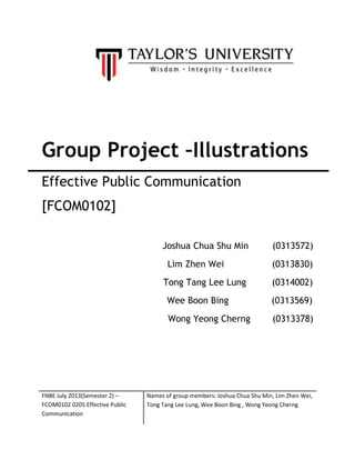 Group Project –Illustrations
Effective Public Communication
[FCOM0102]
Joshua Chua Shu Min
Lim Zhen Wei
Tong Tang Lee Lung

(0313572)
(0313830)
(0314002)

Wee Boon Bing
Wong Yeong Cherng

FNBE July 2013(Semester 2) –
FCOM0102 0205 Effective Public
Communication

(0313569)
(0313378)

Names of group members: Joshua Chua Shu Min, Lim Zhen Wei,
Tong Tang Lee Lung, Wee Boon Bing , Wong Yeong Cherng

 