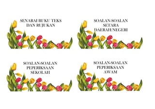 SENARAI BUKU TEKS
DAN RUJUKAN
SOALAN-SOALAN
PEPERIKSAAN
SEKOLAH
SOALAN-SOALAN
PEPERIKSAAN
AWAM
SOALAN-SOALAN
SETARA
DAERAH/NEGERI
 