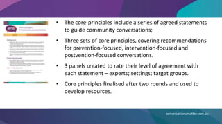 • The core-principles include a series of agreed statements
to guide community conversations;
• Three sets of core principles, covering recommendations
for prevention-focused, intervention-focused and
postvention-focused conversations.
• 3 panels created to rate their level of agreement with
each statement – experts; settings; target groups.
• Core principles finalised after two rounds and used to
develop resources.
conversationsmatter.com.au
 