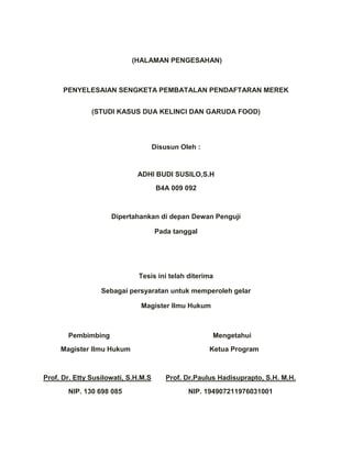 Apakah yang menjadi pertimbangan hakim pada Pengadilan Niaga Semarang pada Putusan No.05/HAKI/M/2007/PN.NIAGA SMG menggunakan sistem deklaratif sehingga bertentangan dengan UU No.15 tahun 2001 yang menggunakan sistem Konstitutif ?Manfaat Penelitian<br />Secara Teoritis<br />Secara Akademis, dengan penelitian ini dapat memperoleh data sebagai bahan penyusunan tesis sebagai salah satu syarat penyelesaian studi tingkat S-2 pada Fakultas Hukum Universitas Diponegoro.<br />Secara Teoritis, dengan adanya penelitian ini dapat dijadikan bahan kajian lebih lanjut untuk berbagai konsep ilmiah yang pada gilirannya memberikan sumbangan bagi perkembangan ilmu pengetahuan dalam bidang hukum Hak atas Kekayaan Intelektual (HAKI), khususnya penyelesaian sengketa gugatan pembatalan pendaftaran merek antara dua kelinci dan garuda food  <br />Secara Praktis, dapat dipergunakan sebagai bahan masukan yang bermanfaat untuk memberikan informasi dan pengetahuan bagi masyarakat tentang upaya hukum yang dapat dilakukan apabila terjadi sengketa terhadap suatu hak merek yang telah terdaftar dalam kaitannya dengan Undang-Undang nomor 15 Tahun 2001 tentang Merek.<br />Kerangka Pemikiran<br />Nilai-nilai dasar yang terkandung dalam hukum menurut Gustav Radbruch mengemukan adanya tiga nilai dasar terdiri dari keadilan, kegunaan dan kepastian hukum. Realita menjukan bahwa hukum tidak hanya menciptakan keadilan dalam masyarakat dan melayani kepentingan-kepentingannya, tetapi secara yuridis dituntut untuk memberikan kepastian hukum. Kepastian hukum dibutuhkan oleh masyarakat untuk mengisi kekosongan hukum. Oleh karena itu Radbruch mengatakan bahwa unsur yang paling utama bagi kepastian hukum adalah adanya peraturan perundang-undangan.