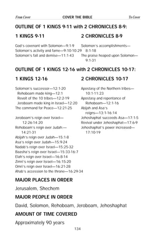134
From Cover To CoverCOVER THE BIBLE
OUTLINE OF 1 KINGS 9-11 with 2 CHRONICLES 8-9:
1 KINGS 9-11 2 CHRONICLES 8-9
God’s covenant with Solomon—9:1-9 Solomon’s accomplishments—
Solomon’s activity and fame—9:10-10:29 8:1-18
Solomon’s fall and demise—11:1-43 The praise heaped upon Solomon—
9:1-31
OUTLINE OF 1 KINGS 12-16 with 2 CHRONICLES 10-17:
1 KINGS 12-16 2 CHRONICLES 10-17
Solomon’s successor—12:1-20 Apostasy of the Northern tribes—
Rehoboam made king—12:1 10:1-11:23
Revolt of the 10 tribes—12:2-19 Apostasy and repentance of
Jeroboam made king in Israel—12:20 Rehoboam—12:1-16
The command for Peace—12:21-25 Abijah and Asa’s
reigns—13:1-16:14
Jeroboam’s reign over Israel— Jehoshaphat succeeds Asa—17:1-5
12:26-14:20 Revival under Jehoshaphat—17:6-9
Rehoboam’s reign over Judah:— Jehoshaphat’s power increased—
14:21-31 17:10-19
Abijah’s reign over Judah—15:1-8
Asa’s reign over Judah—15:9-24
Nadab’s reign over Israel—15:25-32
Baasha’s reign over Israel—15:33-16:7
Elah’s reign over Israel—16:8-14
Zimri’s reign over Israel—16:15-20
Omri’s reign over Israel—16:21-28
Ahab’s accession to the throne—16:29-34
MAJOR PLACES IN ORDER
Jerusalem, Shechem
MAJOR PEOPLE IN ORDER
David, Solomon, Rehoboam, Jeroboam, Jehoshaphat
AMOUNT OF TIME COVERED
Approximately 90 years
 