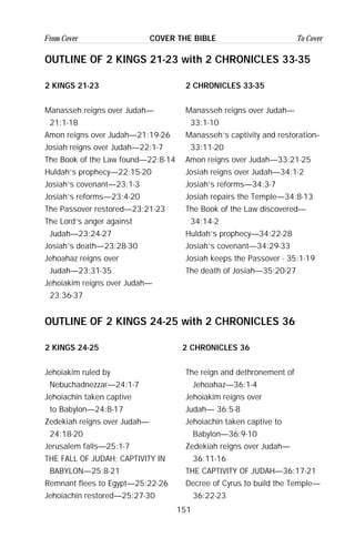 151
From Cover To CoverCOVER THE BIBLE
OUTLINE OF 2 KINGS 21-23 with 2 CHRONICLES 33-35
2 KINGS 21-23 2 CHRONICLES 33-35
Manasseh reigns over Judah— Manasseh reigns over Judah—
21:1-18 33:1-10
Amon reigns over Judah—21:19-26 Manasseh’s captivity and restoration--
Josiah reigns over Judah—22:1-7 33:11-20
The Book of the Law found—22:8-14 Amon reigns over Judah—33:21-25
Huldah’s prophecy—22:15-20 Josiah reigns over Judah—34:1-2
Josiah’s covenant—23:1-3 Josiah’s reforms—34:3-7
Josiah’s reforms—23:4-20 Josiah repairs the Temple—34:8-13
The Passover restored—23:21-23 The Book of the Law discovered—
The Lord’s anger against 34:14-2
Judah—23:24-27 Huldah’s prophecy—34:22-28
Josiah’s death—23:28-30 Josiah’s covenant—34:29-33
Jehoahaz reigns over Josiah keeps the Passover - 35:1-19
Judah—23:31-35 The death of Josiah—35:20-27
Jehoiakim reigns over Judah—
23:36-37
OUTLINE OF 2 KINGS 24-25 with 2 CHRONICLES 36
2 KINGS 24-25 2 CHRONICLES 36
Jehoiakim ruled by The reign and dethronement of
Nebuchadnezzar—24:1-7 Jehoahaz—36:1-4
Jehoiachin taken captive Jehoiakim reigns over
to Babylon—24:8-17 Judah— 36:5-8
Zedekiah reigns over Judah— Jehoiachin taken captive to
24:18-20 Babylon—36:9-10
Jerusalem falls—25:1-7 Zedekiah reigns over Judah—
THE FALL OF JUDAH; CAPTIVITY IN 36:11-16
BABYLON—25:8-21 THE CAPTIVITY OF JUDAH—36:17-21
Remnant flees to Egypt—25:22-26 Decree of Cyrus to build the Temple—
Jehoiachin restored—25:27-30 36:22-23
 