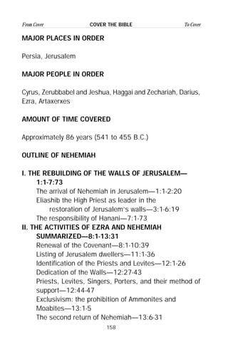 158
From Cover To CoverCOVER THE BIBLE
MAJOR PLACES IN ORDER
Persia, Jerusalem
MAJOR PEOPLE IN ORDER
Cyrus, Zerubbabel and Jeshua, Haggai and Zechariah, Darius,
Ezra, Artaxerxes
AMOUNT OF TIME COVERED
Approximately 86 years (541 to 455 B.C.)
OUTLINE OF NEHEMIAH
I. THE REBUILDING OF THE WALLS OF JERUSALEM—
1:1-7:73
The arrival of Nehemiah in Jerusalem—1:1-2:20
Eliashib the High Priest as leader in the
restoration of Jerusalem’s walls—3:1-6:19
The responsibility of Hanani—7:1-73
II. THE ACTIVITIES OF EZRA AND NEHEMIAH
SUMMARIZED—8:1-13:31
Renewal of the Covenant—8:1-10:39
Listing of Jerusalem dwellers—11:1-36
Identification of the Priests and Levites—12:1-26
Dedication of the Walls—12:27-43
Priests, Levites, Singers, Porters, and their method of
support—12:44-47
Exclusivism: the prohibition of Ammonites and
Moabites—13:1-5
The second return of Nehemiah—13:6-31
 