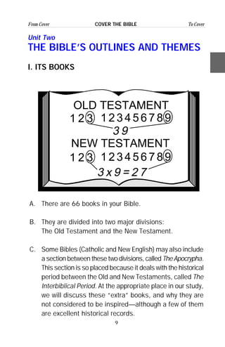 9
From Cover To CoverCOVER THE BIBLE
Unit Two
THE BIBLE’S OUTLINES AND THEMES
I. ITS BOOKS
OLD TESTAMENT
NEW TESTAMENT
1 2 3 123456789
3 x 9 = 2 7
3 9
1 2 3 123456789
A. There are 66 books in your Bible.
B. They are divided into two major divisions:
The Old Testament and the New Testament.
C. Some Bibles (Catholic and New English) may also include
asectionbetweenthesetwodivisions,called TheApocrypha.
This section is so placed because it deals with the historical
period between the Old and New Testaments, called The
Interbiblical Period. At the appropriate place in our study,
we will discuss these “extra” books, and why they are
not considered to be inspired—although a few of them
are excellent historical records.
 