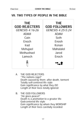 17
From Cover To CoverCOVER THE BIBLE
VII. TWO TYPES OF PEOPLE IN THE BIBLE
A. THE GOD REJECTERS
“The nations rage!”
Death caused by them; after death, torment
Totally self-centered life style
Gain significance by what they DO
Length of their lives totally ignored
B. THE GOD FOLLOWERS
“He gives peace!”
Death is a promotion to a greater life
God-centered life style
Gain significance by whom they WORSHIP
Length of their lives carefully recorded
THE
GOD REJECTERS
GENESIS 4:16-26
ADAM
Cain
Enoch
Irad
Mehujael
Methushael
Lamech
THE
GOD FOLLOWERS
GENESIS 4:25-5:24
ADAM
Seth
Enosh
Kenan
Mahalalel
Jared
Enoch
 