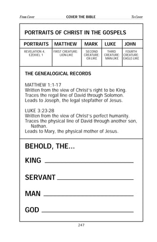 247
From Cover To CoverCOVER THE BIBLE
THE GENEALOGICAL RECORDS
MATTHEW 1:1-17
Written from the view of Christ’s right to be King.
Traces the regal line of David through Solomon.
Leads to Joseph, the legal stepfather of Jesus.
LUKE 3:23-28
Written from the view of Christ’s perfect humanity.
Traces the physical line of David through another son,
Nathan.
Leads to Mary, the physical mother of Jesus.
MATTHEW MARK LUKE JOHNPORTRAITS
SECOND
CREATURE:
OX-LIKE
REVELATION 4,
EZEKIEL 1
FIRST CREATURE:
LION-LIKE
THIRD
CREATURE:
MAN-LIKE
FOURTH
CREATURE:
EAGLE-LIKE
PORTRAITS OF CHRIST IN THE GOSPELS
BEHOLD, THE...
SERVANT
MAN
GOD
KING
 