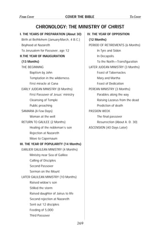 269
From Cover To CoverCOVER THE BIBLE
I. THE YEARS OF PREPARATION (About 30)
Birth at Bethlehem (January-March, 4 B.C.)
Boyhood at Nazareth
To Jerusalem for Passover, age 12
II.THE YEAR OF INAUGURATION
(13 Months)
THE BEGINNING
Baptism by John
Temptation in the wilderness
First miracle at Cana
EARLY JUDEAN MINISTRY (8 Months)
First Passover of Jesus’ ministry
Cleansing of Temple
Public preaching
SAMARIA (A Few Days)
Woman at the well
RETURN TO GALILEE (2 Months)
Healing of the nobleman’s son
Rejection at Nazareth
Move to Capernaum
III. THE YEAR OF POPULARITY (14 Months)
EARLIER GALILEAN MINISTRY (4 Months)
Ministry near Sea of Galilee
Calling of Disciples
Second Passover
Sermon on the Mount
LATER GALILEAN MINISTRY (10 Months)
Raised widow’s son
Stilled the storm
Raised daughter of Jairus to life
Second rejection at Nazareth
Sent out 12 disciples
Feeding of 5,000
Third Passover
IV. THE YEAR OF OPPOSITION
(12 Months)
PERIOD OF RETIREMENTS (6 Months)
In Tyre and Sidon
In Decapolis
To the North—Transfiguration
LATER JUDEAN MINISTRY (3 Months)
Feast of Tabernacles
Mary and Martha
Feast of Dedication
PEREAN MINISTRY (3 Months)
Parables along the way
Raising Lazarus from the dead
Prediction of death
PASSION WEEK
The final passover
Resurrection (About A. D. 30)
ASCENSION (40 Days Later)
CHRONOLOGY: THE MINISTRY OF CHRIST
 