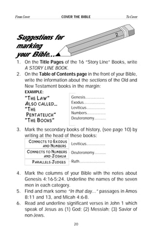 20
From Cover To CoverCOVER THE BIBLE
2
Suggestions for
marking
your Bible...
1. On the Title Pages of the 16 “Story Line” Books, write
A STORY LINE BOOK.
2. On the Table of Contents page in the front of your Bible,
write the information about the sections of the Old and
New Testament books in the margin:
EXAMPLE:
Genesis................
Exodus..................
Leviticus................
Numbers................
Deuteronomy..........
3. Mark the secondary books of history, (see page 10) by
writing at the head of these books:
Leviticus................
Deuteronomy..........
Ruth......................
4. Mark the columns of your Bible with the notes about
Genesis 4:16-5:24. Underline the names of the seven
men in each category.
5. Find and mark some “In that day...” passages in Amos
8:11 and 13, and Micah 4:6-8.
6. Read and underline significant verses in John 1 which
speak of Jesus as (1) God; (2) Messiah; (3) Savior of
non-Jews.
“The Law”
Also called...
“The
Pentateuch”
“The Books”
Connects to Numbers
and Joshua
Parallels Judges
Connects to Exodus
and Numbers
 