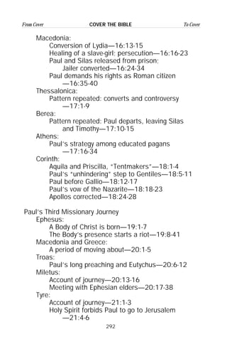 292
From Cover To CoverCOVER THE BIBLE
Macedonia:
Conversion of Lydia—16:13-15
Healing of a slave-girl; persecution—16:16-23
Paul and Silas released from prison;
Jailer converted—16:24-34
Paul demands his rights as Roman citizen
—16:35-40
Thessalonica:
Pattern repeated: converts and controversy
—17:1-9
Berea:
Pattern repeated: Paul departs, leaving Silas
and Timothy—17:10-15
Athens:
Paul’s strategy among educated pagans
—17:16-34
Corinth:
Aquila and Priscilla, “Tentmakers”—18:1-4
Paul’s “unhindering” step to Gentiles—18:5-11
Paul before Gallio—18:12-17
Paul’s vow of the Nazarite—18:18-23
Apollos corrected—18:24-28
Paul’s Third Missionary Journey
Ephesus:
A Body of Christ is born—19:1-7
The Body’s presence starts a riot—19:8-41
Macedonia and Greece:
A period of moving about—20:1-5
Troas:
Paul’s long preaching and Eutychus—20:6-12
Miletus:
Account of journey—20:13-16
Meeting with Ephesian elders—20:17-38
Tyre:
Account of journey—21:1-3
Holy Spirit forbids Paul to go to Jerusalem
—21:4-6
 