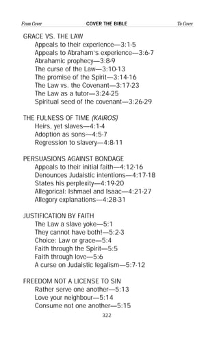 322
From Cover To CoverCOVER THE BIBLE
GRACE VS. THE LAW
Appeals to their experience—3:1-5
Appeals to Abraham’s experience—3:6-7
Abrahamic prophecy—3:8-9
The curse of the Law—3:10-13
The promise of the Spirit—3:14-16
The Law vs. the Covenant—3:17-23
The Law as a tutor—3:24-25
Spiritual seed of the covenant—3:26-29
THE FULNESS OF TIME (KAIROS)
Heirs, yet slaves—4:1-4
Adoption as sons—4:5-7
Regression to slavery—4:8-11
PERSUASIONS AGAINST BONDAGE
Appeals to their initial faith—4:12-16
Denounces Judaistic intentions—4:17-18
States his perplexity—4:19-20
Allegorical: Ishmael and Isaac—4:21-27
Allegory explanations—4:28-31
JUSTIFICATION BY FAITH
The Law a slave yoke—5:1
They cannot have both!—5:2-3
Choice: Law or grace—5:4
Faith through the Spirit—5:5
Faith through love—5:6
A curse on Judaistic legalism—5:7-12
FREEDOM NOT A LICENSE TO SIN
Rather serve one another—5:13
Love your neighbour—5:14
Consume not one another—5:15
 