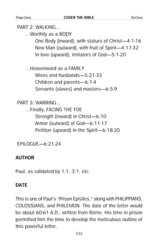 332
From Cover To CoverCOVER THE BIBLE
PART 2: WALKING...
...Worthily as a BODY
One Body (inward), with stature of Christ—4:1-16
New Man (outward), with fruit of Spirit—4:17-32
In love (upward), imitators of God—5:1-20
...Heavenward as a FAMILY
Wives and husbands—5:21-33
Children and parents—6:1-4
Servants (slaves) and masters—6:5-9
PART 3: WARRING...
...Finally, FACING THE FOE
Strength (inward) in Christ—6:10
Armor (outward) of God—6:11-17
Petition (upward) in the Spirit—6:18-20
EPILOGUE—6:21-24
AUTHOR
Paul, as validated by 1:1, 3:1, etc.
DATE
This is one of Paul’s “Prison Epistles,” along with PHILIPPIANS,
COLOSSIANS, and PHILEMON. The date of the letter would
be about 60-61 A.D., written from Rome. His time in prison
permitted him the time to develop the meticulous outline of
this powerful letter.
 