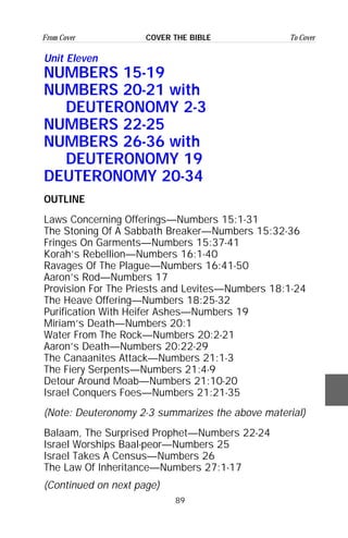 89
From Cover To CoverCOVER THE BIBLE
Unit Eleven
NUMBERS 15-19
NUMBERS 20-21 with
DEUTERONOMY 2-3
NUMBERS 22-25
NUMBERS 26-36 with
DEUTERONOMY 19
DEUTERONOMY 20-34
OUTLINE
Laws Concerning Offerings—Numbers 15:1-31
The Stoning Of A Sabbath Breaker—Numbers 15:32-36
Fringes On Garments—Numbers 15:37-41
Korah’s Rebellion—Numbers 16:1-40
Ravages Of The Plague—Numbers 16:41-50
Aaron’s Rod—Numbers 17
Provision For The Priests and Levites—Numbers 18:1-24
The Heave Offering—Numbers 18:25-32
Purification With Heifer Ashes—Numbers 19
Miriam’s Death—Numbers 20:1
Water From The Rock—Numbers 20:2-21
Aaron’s Death—Numbers 20:22-29
The Canaanites Attack—Numbers 21:1-3
The Fiery Serpents—Numbers 21:4-9
Detour Around Moab—Numbers 21:10-20
Israel Conquers Foes—Numbers 21:21-35
(Note: Deuteronomy 2-3 summarizes the above material)
Balaam, The Surprised Prophet—Numbers 22-24
Israel Worships Baal-peor—Numbers 25
Israel Takes A Census—Numbers 26
The Law Of Inheritance—Numbers 27:1-17
(Continued on next page)
 