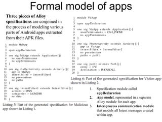 Formal model of apps
Three pieces of Alloy
specifications are conjoined in
the process of modeling various
parts of Android apps extracted
from their APK files.
1. Specification module called
appDeclaration
2. App model, represented in a separate
Alloy module for each app.
3. Inter-process communication module
that models all Intent messages created
within app.
 