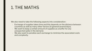 1. THE MATHS
We also need to take the following aspects into consideration :
- Exchange of supplies takes time and this depends on the distance between
countries as well as many other factors (in general several days).
- We want to keep a certain amount of supplies as a buffer for any
unexpected spike in the demand.
- We also want to penalize each exchange to minimize the associated costs
and complexity.
 