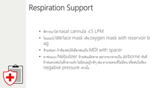 Respiration Support
• พิจำรณำใส่ nasal cannula ≤5 LPM
• ไม่แนะนำให้ใช้ face mask หรือ oxygen mask with reservoir b
ag
• ห้ำมพ่นยำ ถ้ำต้องพ่นให้เลือกพ่นเป็น MDI with spacer
• ยำพ่นแบบ Nebulizer ห้ำมพ่นเด็ดขำด เพรำะจะกลำยเป็น airborne ทันที
ถ้ำพ่นควรพ่นในที่กลำงแจ้ง ไม่มีคนอยู่ใกล้ๆ เช่น ลำนจอดรถที่ไม่มีคน หรือพ่นในห้อง
negative pressure เท่ำนั้น
 