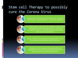 Stem cell Therapy to possibly
cure the Corona Virus
Chinese doctors are having some initial success using stem
cells to treat — and possibly cure — coronavirus infections.
Dr. DongchengWu, who runs a stem cell lab inWuhan, China
– the epicenter of theCOVID-19 outbreak – says he has
successfully treated nine critically ill patients hospitalized
with coronavirus pneumonia.
BHI is currently recruiting 48 coronavirus patients in China
for a placebo-controlled study of MSC injections.
In studies on mice, researchers found that MSC cells
migrated to the lungs, where they significantly reduced
inflammation and repaired damaged tissue.
 