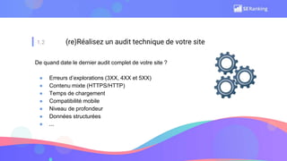 1.2 (re)Réalisez un audit technique de votre site
De quand date le dernier audit complet de votre site ?
● Erreurs d’explorations (3XX, 4XX et 5XX)
● Contenu mixte (HTTPS/HTTP)
● Temps de chargement
● Compatibilité mobile
● Niveau de profondeur
● Données structurées
● ...
 
