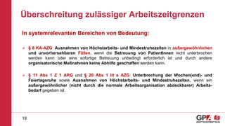 Überschreitung zulässiger Arbeitszeitgrenzen
In systemrelevanten Bereichen von Bedeutung:
 § 8 KA-AZG: Ausnahmen von Höchstarbeits- und Mindestruhezeiten in außergewöhnlichen
und unvorhersehbaren Fällen, wenn die Betreuung von PatientInnen nicht unterbrochen
werden kann oder eine sofortige Betreuung unbedingt erforderlich ist und durch andere
organisatorische Maßnahmen keine Abhilfe geschaffen werden kann.
 § 11 Abs 1 Z 1 ARG und § 20 Abs 1 lit a AZG: Unterbrechung der Wochen(end)- und
Feiertagsruhe sowie Ausnahmen von Höchstarbeits- und Mindestruhezeiten, wenn ein
außergewöhnlicher (nicht durch die normale Arbeitsorganisation abdeckbarer) Arbeits-
bedarf gegeben ist.
18
 