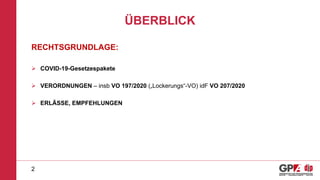 ÜBERBLICK
RECHTSGRUNDLAGE:
 COVID-19-Gesetzespakete
 VERORDNUNGEN – insb VO 197/2020 („Lockerungs“-VO) idF VO 207/2020
 ERLÄSSE, EMPFEHLUNGEN
2
 