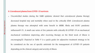8. Convalescent plasma from COVID-19 survivors
 Uncontrolled studies during the SARS epidemic showed that convalescent plasma therapy
decreased hospital stay and mortality when used in the critically ill48. Convalescent plasma
plasma therapy was attempted with some benefit in MERS, Ebola and H1N1 pandemic
influenza49-51. A small case series of five patients with critically ill COVID-19 on mechanical
mechanical ventilation improving after receiving therapy on the third week of illness is
encouraging52. Depicted in Table V is a quick guide for adjunctive treatment strategy to be
be considered on the use of specific antivirals for the management of COVID-19 patients
depending on the clinical category and severity of illness.
Management
 