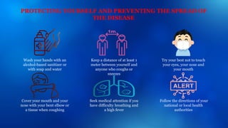 Cover your mouth and your
nose with your bent elbow or
a tissue when coughing
Seek medical attention if you
have difficulty breathing and
a high fever
Follow the directions of your
national or local health
authorities
Wash your hands with an
alcohol-based sanitizer or
with soap and water
Keep a distance of at least 1
meter between yourself and
anyone who coughs or
sneezes
Try your best not to touch
your eyes, your nose and
your mouth
PROTECTING YOURSELF AND PREVENTING THE SPREAD OF
THE DISEASE
 