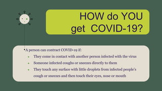 A person can contract COVID-19 if:
● They come in contact with another person infected with the virus
● Someone infected coughs or sneezes directly to them
● They touch any surface with little droplets from infected people’s
cough or sneezes and then touch their eyes, nose or mouth
HOW do YOU
get COVID-19?
 