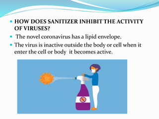  HOW DOES SANITIZER INHIBIT THE ACTIVITY
OF VIRUSES?
 The novel coronavirus has a lipid envelope.
 The virus is inactive outside the body or cell when it
enter the cell or body it becomes active.
 