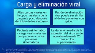 Carga y eliminación viral
Altas cargas virales en
hisopos nasales y de la
garganta poco después
del inicio de los síntomas.
Patrón de eliminación
viral puede ser similar
al de los pacientes con
gripe.
Paciente asintomático
= carga viral similar en
comparación con los
pacientes
sintomáticos.
La duración media de la
excreción del virus es de
aproximadamente 20
días en los
supervivientes.
1. Zou L, Ruan F, Huang M, et al. SARS-CoV-2 viral load in upper respiratory specimens of infected patients. N Engl J Med. 2020 Feb 19 [Epub ahead of print].
2. Zhou F, Yu T, Du R, et al. Clinical course and risk factors for mortality of adult inpatients with COVID-19 in Wuhan, China: a retrospective cohort study. Lancet.
2020 Mar 11 [Epub ahead of print].
 