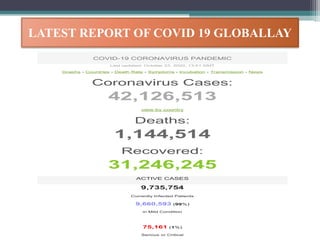 COVID-19 CORONAVIRUS PANDEMIC
Last updated: October 23, 2020, 13:51 GMT
Graphs - Countries - Death Rate - Symptoms - Incubation - Transmission - News
Coronavirus Cases:
42,126,513
view by country
Deaths:
1,144,514
Recovered:
31,246,245
ACTIVE CASES
9,735,754
Currently Infected Patients
9,660,593 (99%)
in Mild Condition
75,161 (1%)
Serious or Critical
LATEST REPORT OF COVID 19 GLOBALLAY
 