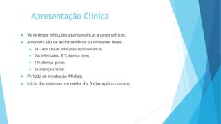 Apresentação Clínica
 Varia desde infecções assintomáticas a casos críticos;
 A maioria são de assintomáticos ou infecções leves;
 33 – 40% são de infecções assintomáticas
 Dos infectados, 81% doença leve;
 14% doença grave;
 5% doença crítica;
 Período de incubação 14 dias;
 Início dos sintomas em média 4 a 5 dias após o contato;
 