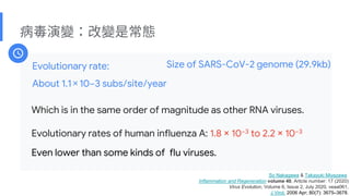 Evolutionary rate:
About 1.110?3 subs/site/year
Size of SARS-CoV-2 genome (29.9kb)
Which is in the same order of magnitude as other RNA viruses.
Evolutionary rates of human influenza A: 1.8  10?3 to 2.2  10?3
Even lower than some kinds of flu viruses.
So Nakagawa & Takayuki Miyazawa
Inflammation and Regeneration volume 40, Article number: 17 (2020)
Virus Evolution, Volume 6, Issue 2, July 2020, veaa061,
J Virol. 2006 Apr; 80(7): 3675C3678.
 