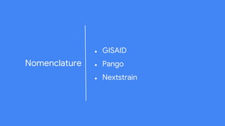  GISAID
 Pango
 Nextstrain
Nomenclature
 